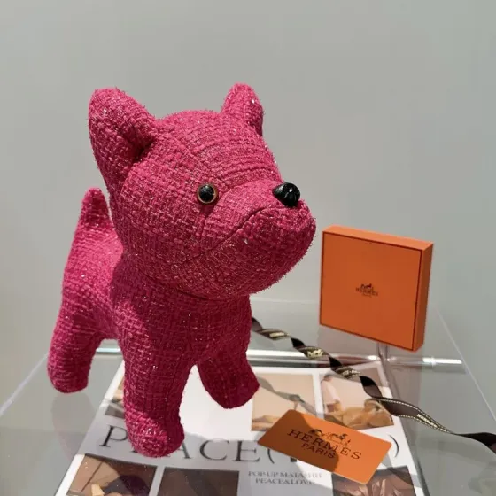 Hermes Buddy Dog Charm pendant Fuchsia glittered tweed with black resin accents 28cm