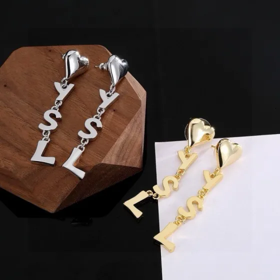 Saint Laurent YSL Heart Letter Drop Earrings earrings Polished gold-tone metal polished silver-tone metal no gemstones 6cm drop length