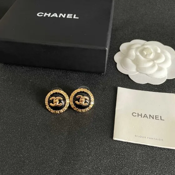 Chanel CC Logo Round Button Stud Earrings earrings gold-tone metal with black enamel center 1 5cm diameter