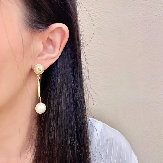 Chanel CC Logo Pearl Drop Earrings earrings Gold-tone metal with cream white faux pearls 4 5cm drop length