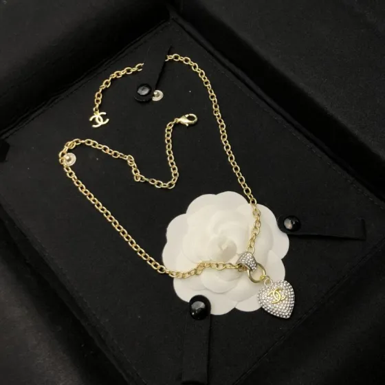 Chanel CC Crystal Heart Pendant necklace gold-tone metal with clear crystal pave 42cm with 5cm extender