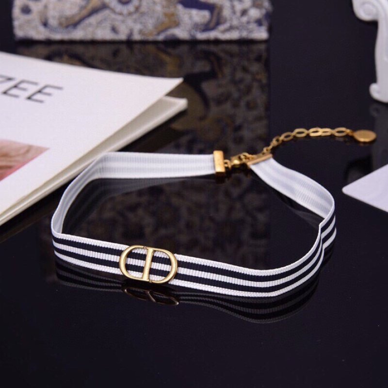 Dior J Adior CD Choker necklace Antique gold-tone metal with black and white striped ribbon or antique gold-tone metal with pink and white striped ribbon 35cm with 5cm extension chain
