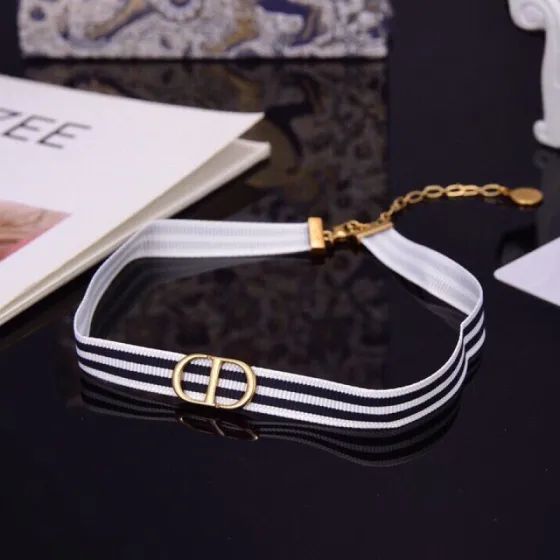 Dior J Adior CD Choker necklace Antique gold-tone metal with black and white striped ribbon or antique gold-tone metal with pink and white striped ribbon 35cm with 5cm extension chain
