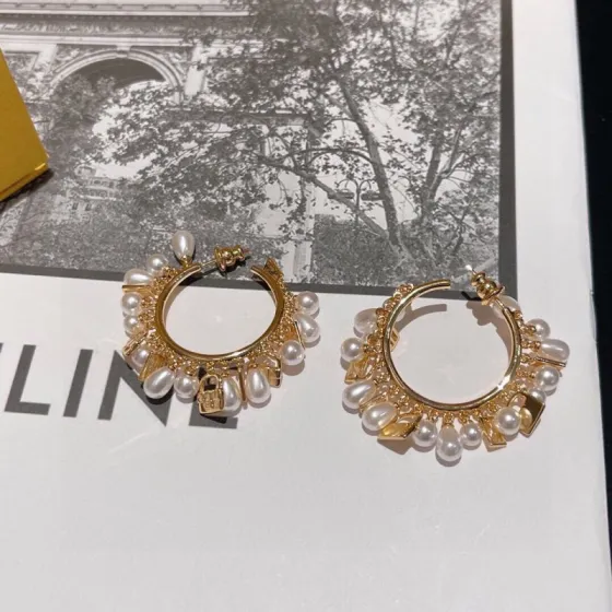 Fendi FDED0025 Charm Hoop Earrings earrings gold-tone metal with white pearl accents 3 5cm hoop diameter