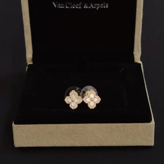 Van Cleef Arpels Alhambra earrings yellow gold white mother-of-pearl clear diamond 9mm