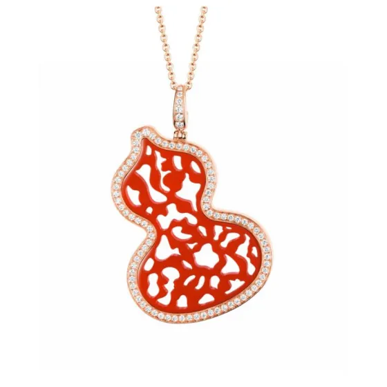 Qeelin Kirin Gourd Wulu Lace necklace rose gold metal red enamel clear diamond accents adjustable chain
