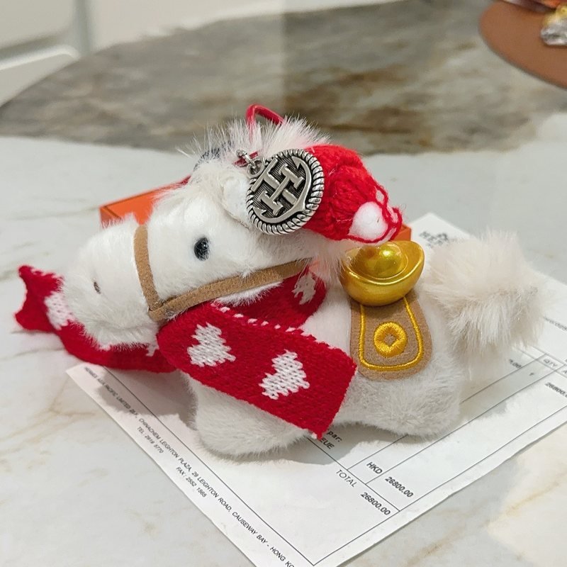 Hermes Festive Horse Charm pendant white plush red knit silver-tone metal gold-tone accent tan trim 12cm