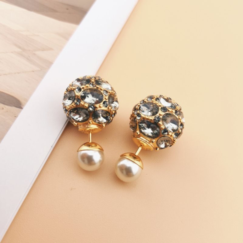 Dior Tribales earrings gold-tone metal smoky gray crystal cream white faux pearl 1 2cm front ball diameter 0 8cm pearl back