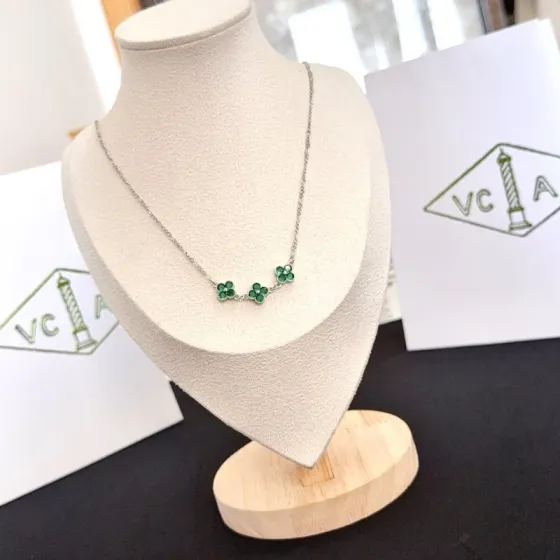 Van Cleef Arpels Alhambra necklace silver-toned metal emerald green gemstones 42cm