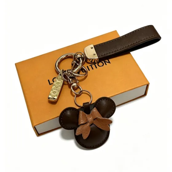 Louis Vuitton Anger Forest Minnie Mouse Charm Keychain pendant Gold-tone metal with dark brown and tan leather 12cm total length