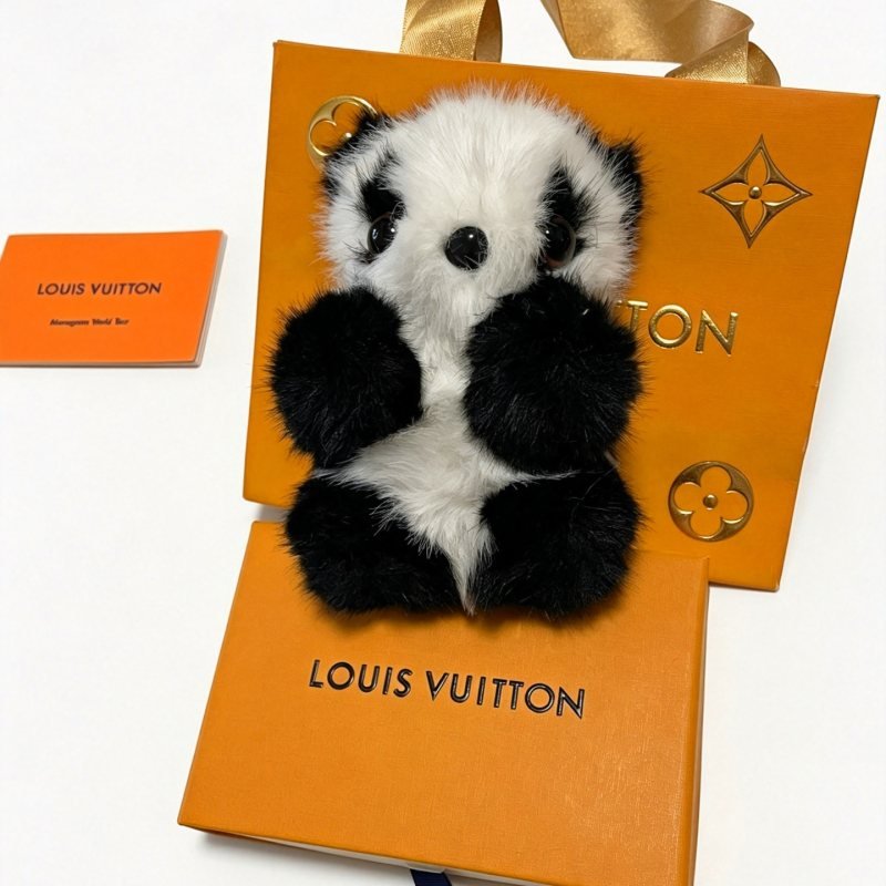 Louis Vuitton Anger Forest Panda Keychain Charm pendant Gold tone metal black and white fur black resin eyes and nose 12cm