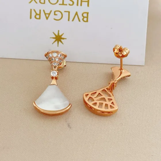 Bvlgari Divas Dream earrings rose gold white mother-of-pearl clear diamond simulants 1 6cm drop length
