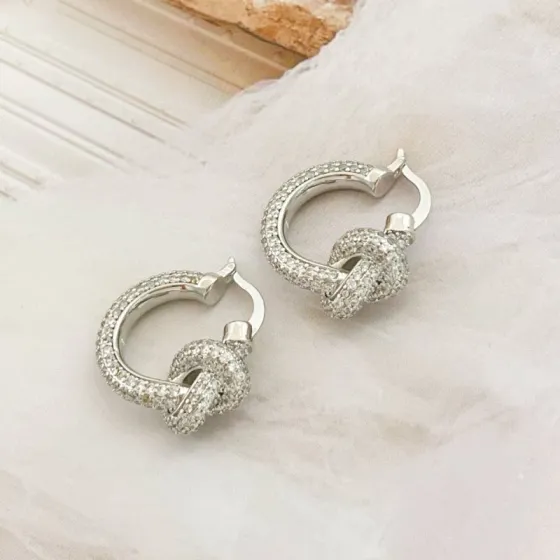 Tiffany Co Knot earrings silver-toned metal with clear pave diamonds 15mm hoop diameter