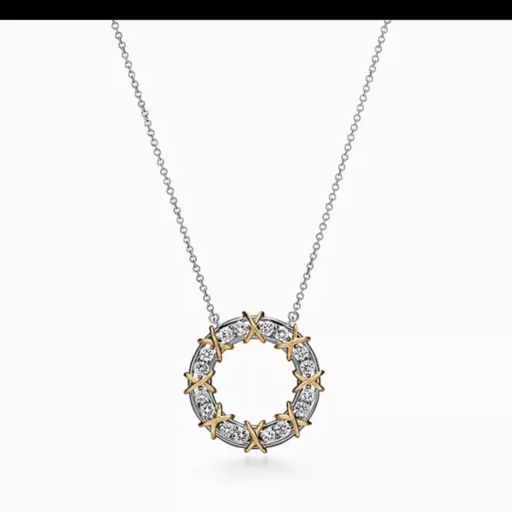 Tiffany Co Schlumberger X Circle Pendant necklace Sterling silver and 18k gold with clear diamonds 16 inches