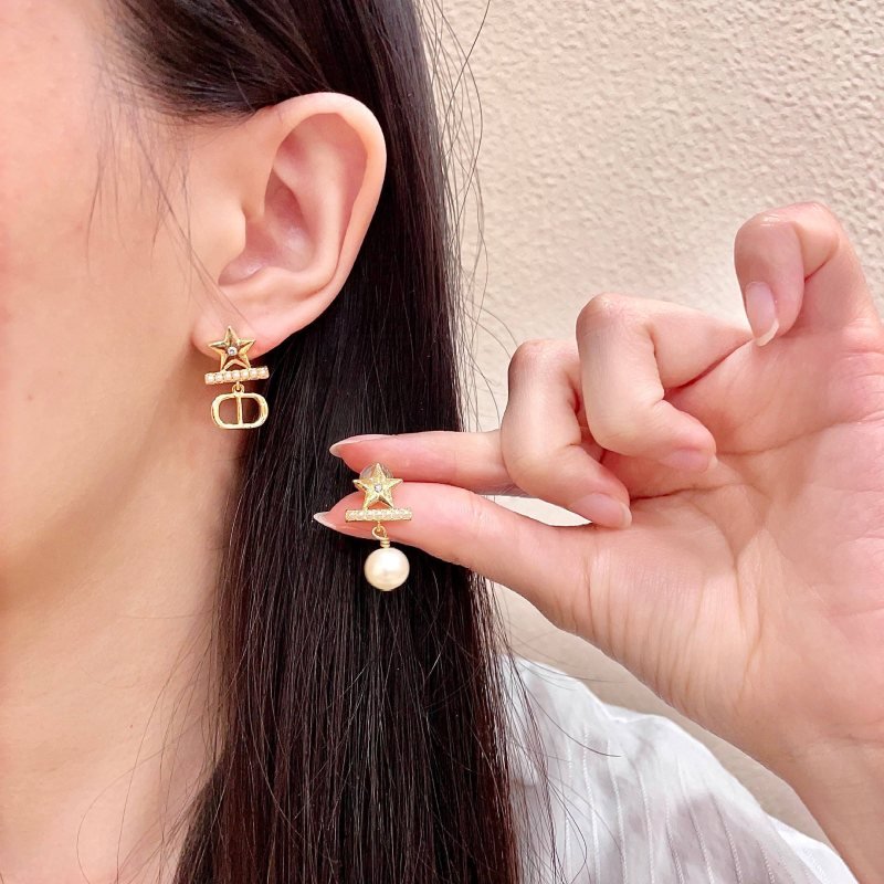 Dior Star CD Logo Pearl Drop earrings Gold-tone brass clear crystal accent cream faux pearl One Size drop length approx 2cm