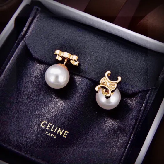 Celine Triomphe Pearl Stud Earrings earrings gold-tone metal white pearl 10mm pearl diameter
