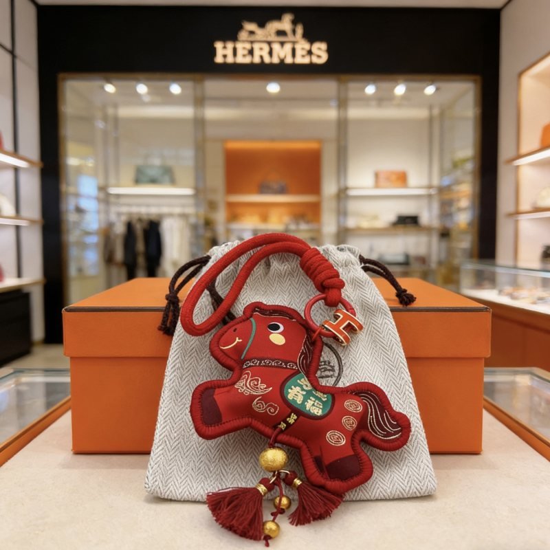 Hermes Lucky Horse Charm pendant Red fabric with gold metal accents green embroidered detail red tassels 12cm total length