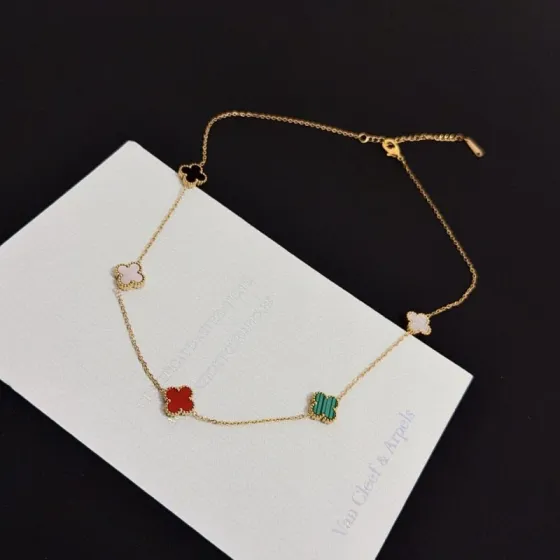 Van Cleef Arpels Alhambra necklace yellow gold with black onyx white mother-of-pearl red carnelian green malachite 42cm