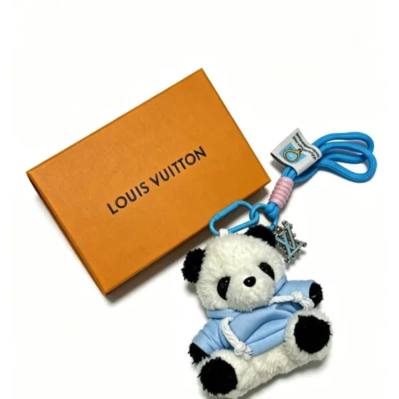 Louis Vuitton Anger Forest Panda Charm pendant silver-tone metal blue cord pink cord wrap black and white plush light blue fabric 12cm total length
