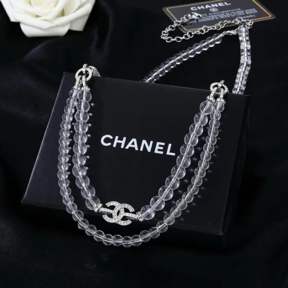 Chanel CC Logo Double Strand Transparent Bead Necklace necklace Silver-tone metal with clear transparent resin beads and clear crystal rhinestones 42cm with 5cm extender chain
