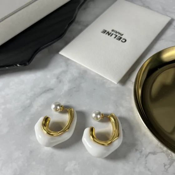 Celine YHED050 earrings gold-tone metal white resin white pearl 3 5cm drop length