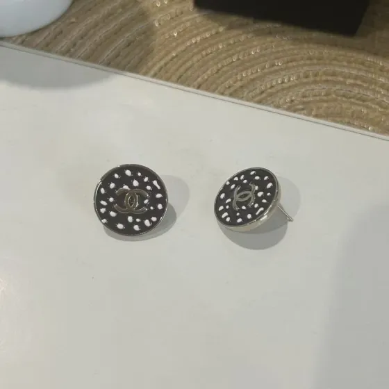 Chanel 26A CC Logo Polka Dot Round Stud Earrings earrings Silver-tone metal with black enamel and white polka dot detailing 1 5cm diameter