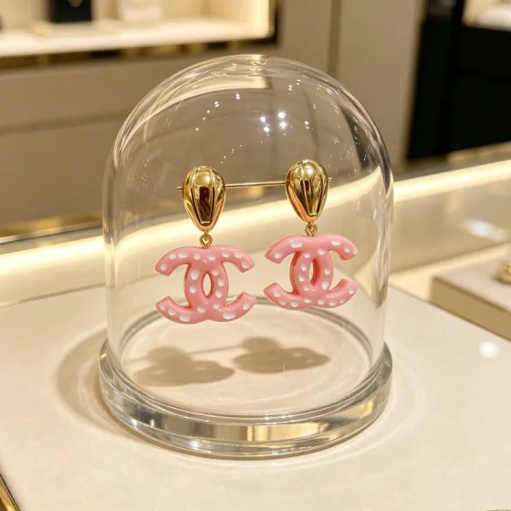 Chanel CC Drop Earrings earrings Gold-tone metal with pink resin and white polka dot accents One Size