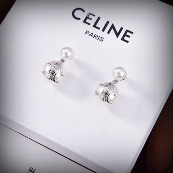Celine Triomphe Pearl Double Stud Earrings earrings Silver-toned metal with white freshwater pearls One Size post stud approx 1 5cm total drop