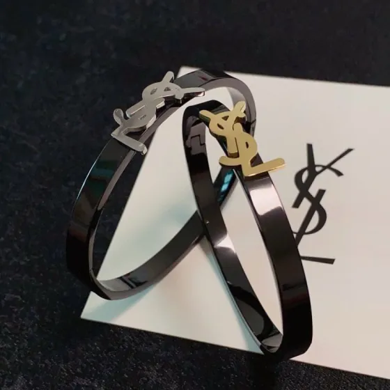 Saint Laurent Cassandre YSL Monogram Bangle bracelet black enamel with gold-tone metal logo black enamel with silver-tone metal logo 17cm inner circumference