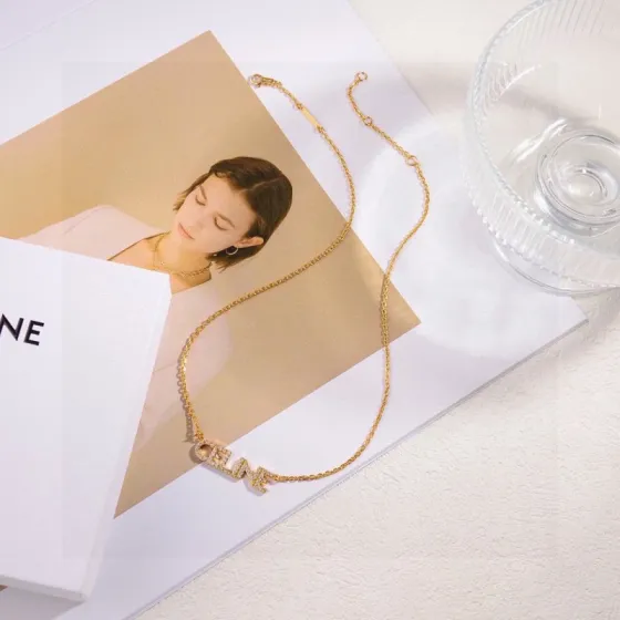 Celine PRECIOUS necklace 18k gold plated metal with clear crystal rhinestones 40cm with 5cm extender