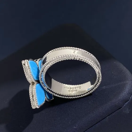 Roberto Coin Princess Flower ring White gold with turquoise blue enamel malachite and diamond accents US 7