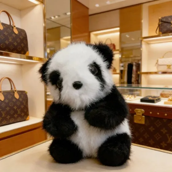 Louis Vuitton Anger Forest Panda Keychain Charm pendant black and white plush fur gold tone metal hardware multicolor enamel charm 12cm plush charm with 3cm key ring