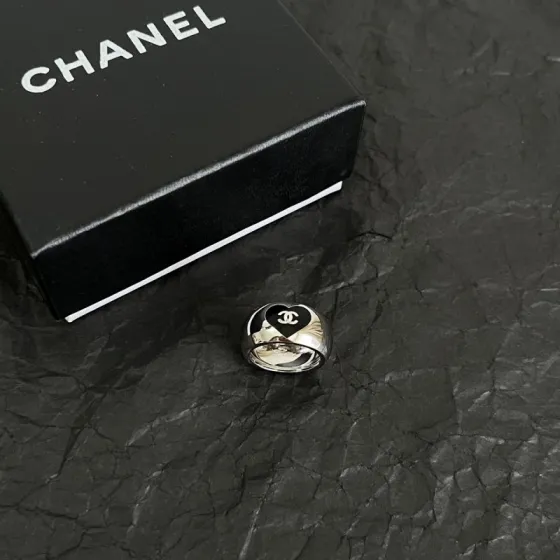 Chanel CC Heart Logo Dome Ring ring Silver-tone polished metal with black enamel heart detail US 7