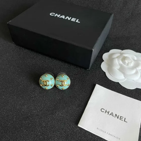 Chanel CC Logo Stud Earrings earrings Gold-tone metal with light turquoise enamel 1 5cm diameter