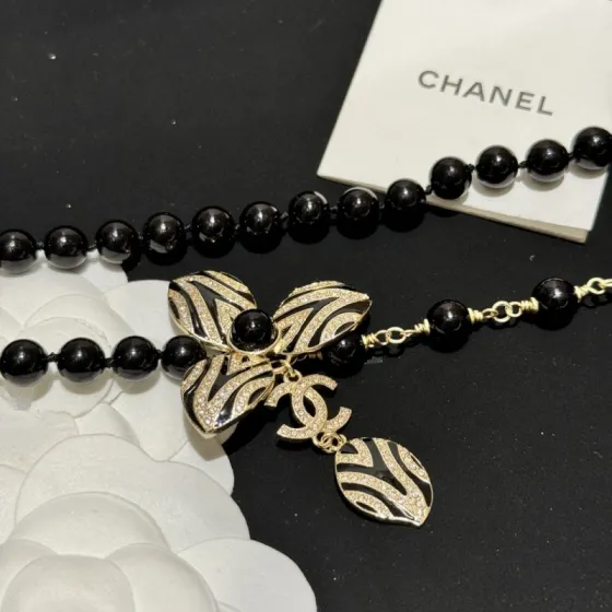 Chanel CC Zebra Stripe Flower Pendant Long Beaded Necklace necklace Gold-tone metal black resin beads black enamel clear crystal accents 80cm
