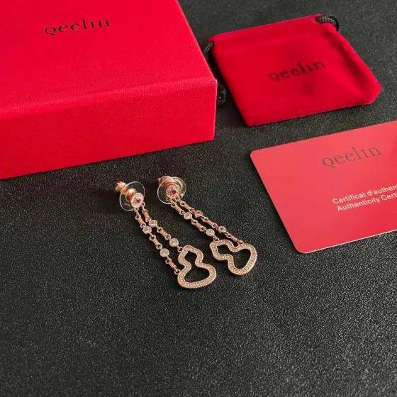 Qeelin Wulu earrings 18K rose gold white diamond ruby 3 5cm drop length