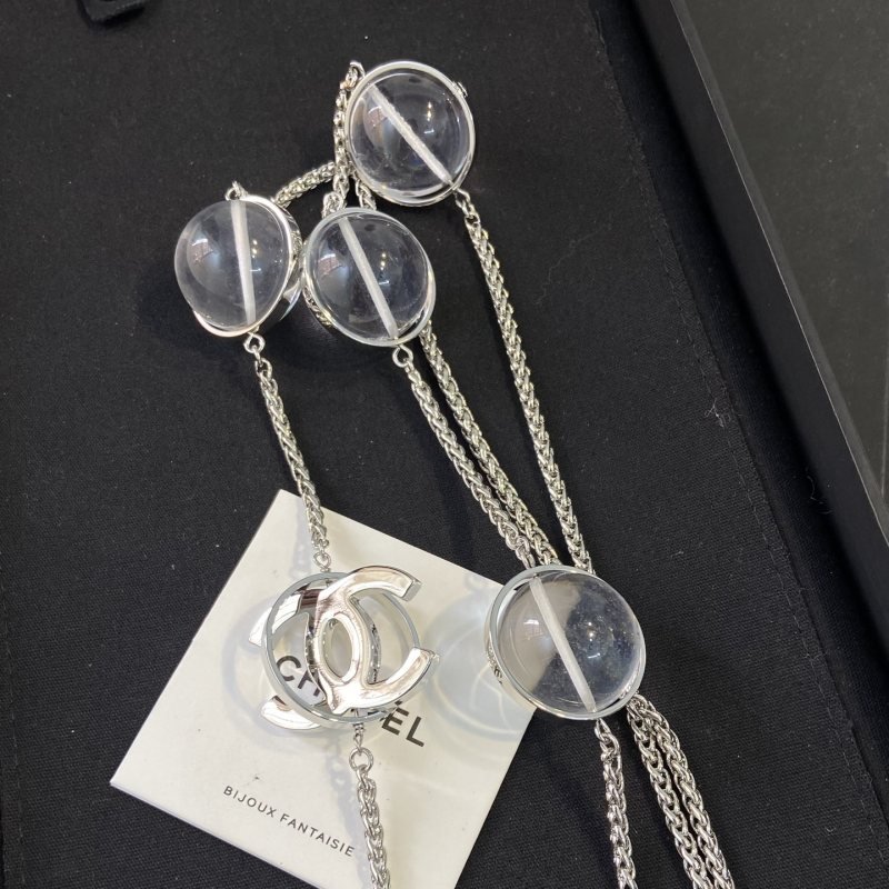 Chanel CC Logo Transparent Resin Sphere Long Necklace necklace Silver-tone metal clear transparent resin 80cm
