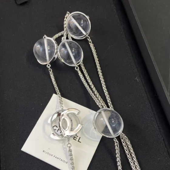 Chanel CC Logo Transparent Resin Sphere Long Necklace necklace Silver-tone metal clear transparent resin 80cm