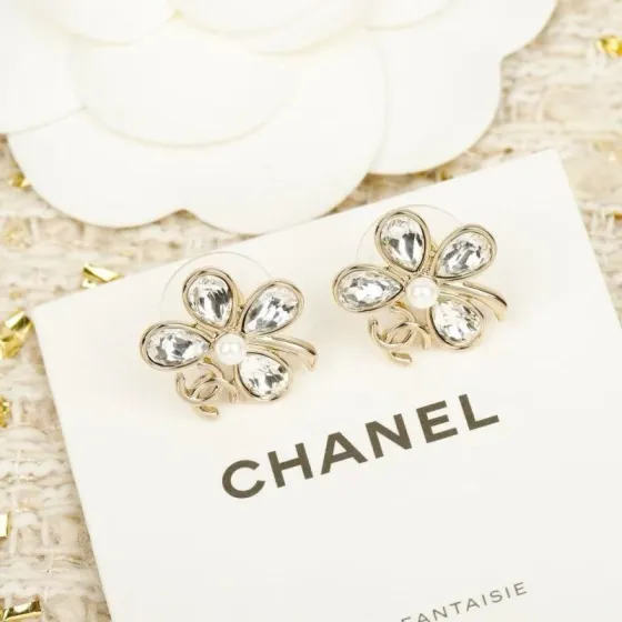 Chanel CC Clover Crystal Pearl Stud Earrings earrings light gold metal clear faceted crystals white pearl 2cm diameter