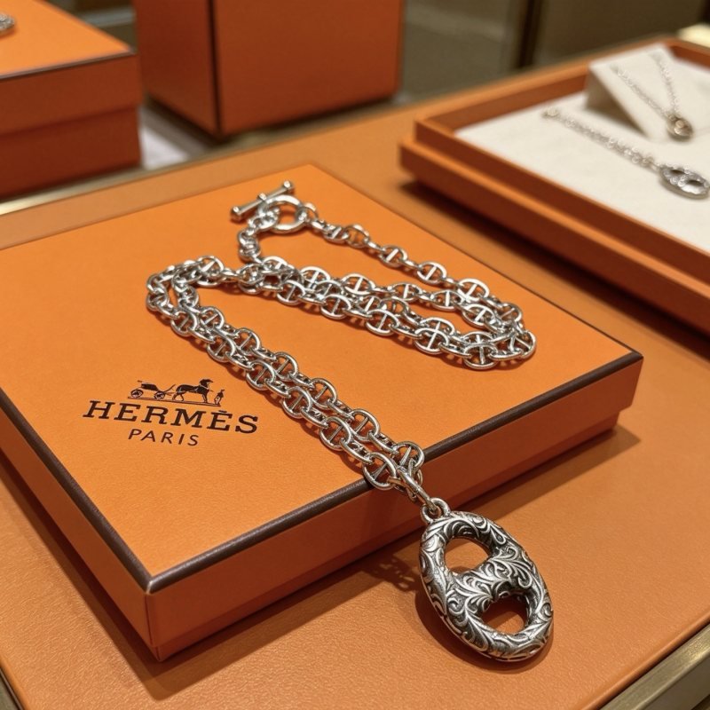 Hermes Farandole Chaine d Ancre Engraved necklace Antique silver-toned metal with engraved scrollwork detailing no additional gemstones 50cm