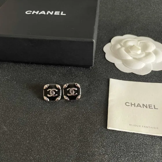 Chanel CC Logo Square Stud Earrings earrings silver-tone metal with black enamel 1 2cm diameter