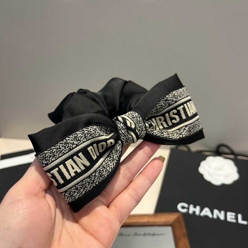 Dior Christian Dior Logo Bow Scrunchie brooch black satin fabric with off-white embroidered logo detailing 12cm bow width 10cm scrunchie diameter