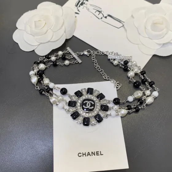 Chanel CC Sunburst Multi-Strand Beaded Choker necklace Silver-tone metal black resin white faux pearl white resin clear crystal 16 inches with 2 inch extender