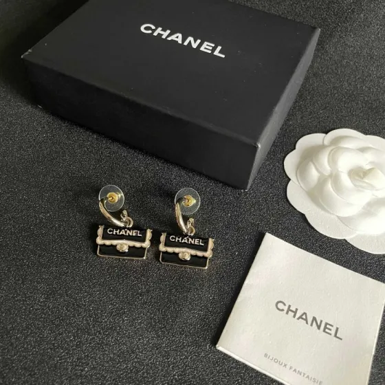 Chanel Classic Flap Bag Charm Drop Earrings earrings light gold tone metal black enamel white enamel detailing 1 5cm drop length