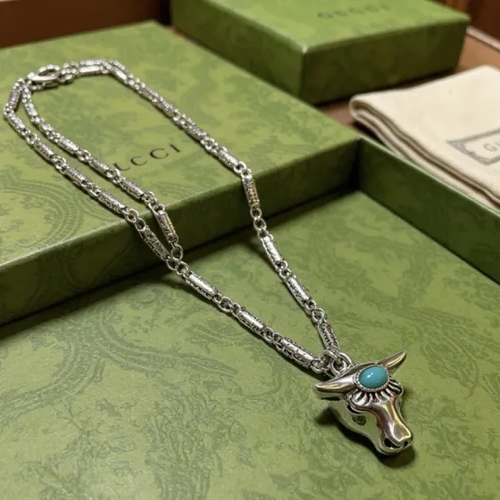 Gucci Anger Forest Bull Head Pendant necklace Aged silver metal with turquoise blue stone accent 60cm