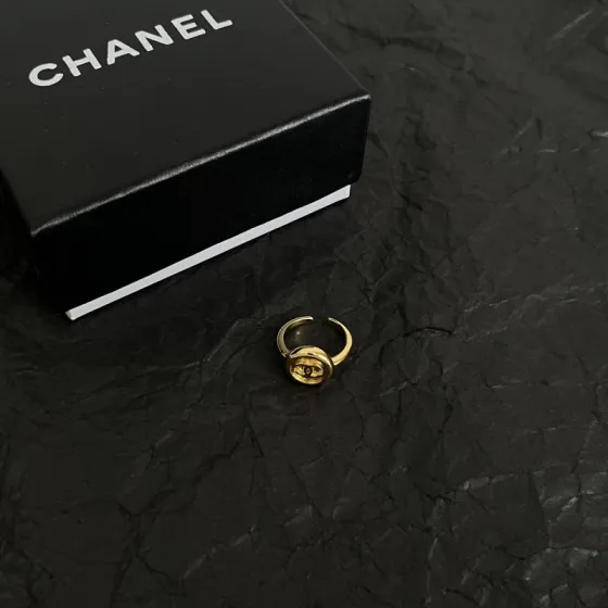 Chanel CC Logo Round Signet ring gold tone metal adjustable open band