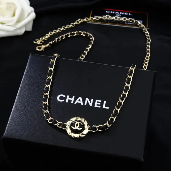Chanel Goose series necklace gold metal with black leather and black enamel 80cm