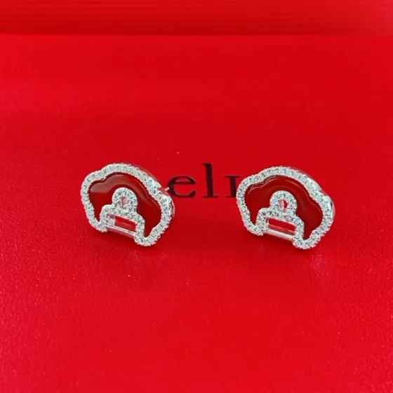 Qeelin Yu Yi earrings silver-toned white gold red carnelian clear diamond pave 10mm stud diameter
