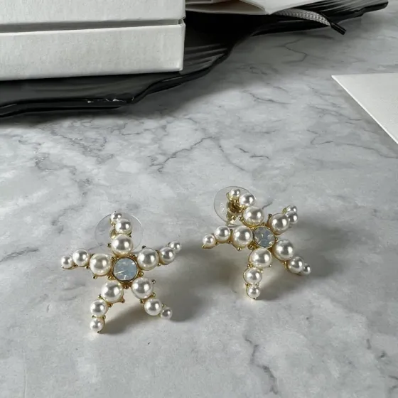 Celine Pearl Starfish Stud Earrings earrings Gold-tone metal white faux pearls pale blue opalescent center stone One Size 2 5cm diameter