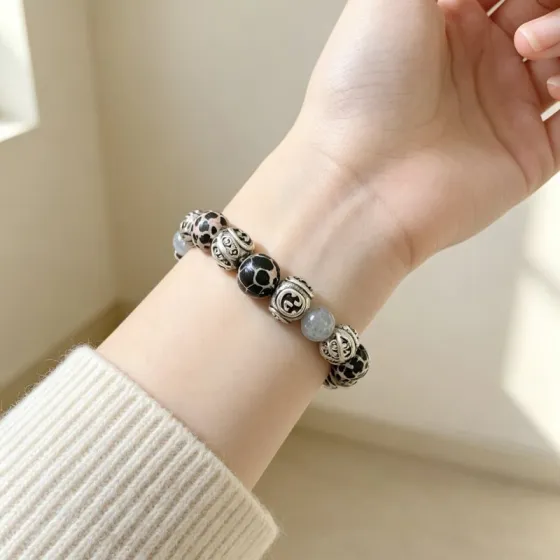 Gucci Anger Forest Beaded Bracelet bracelet Aged silver metal black and pink patterned resin beads gray natural stone beads 18cm
